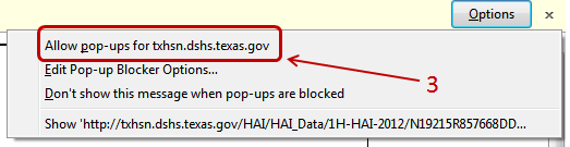 The Firefox option to allow pop-ups for txhsn.dshs.texas.gov