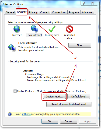 The Internet Options dialog box, showing the Security tab selected and indicating the Custom Level button.
