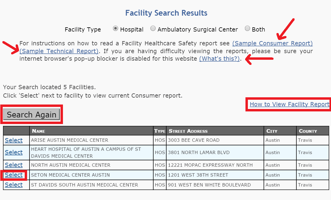 The Facility Search Results grid with a "Select" button circled.